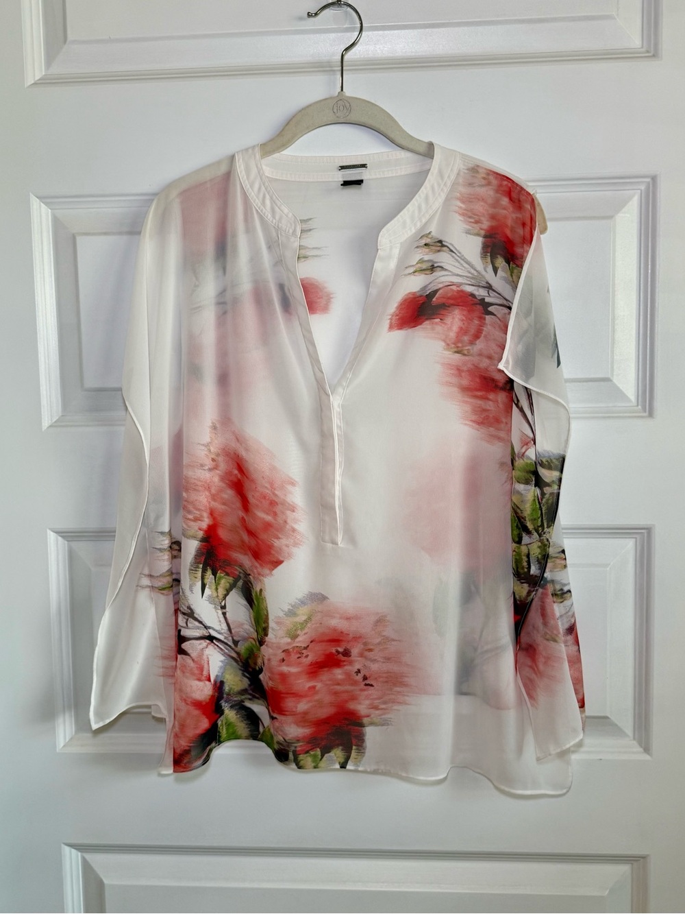 Chico's Sheer White Floral Tunic with Coral and Green Botanical Print
